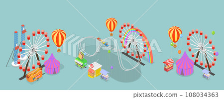 3D Isometric Flat Vector Set of Amusement Parks - Stock Illustration ...