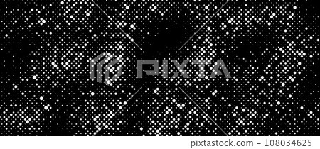 Halftone grunge overlay texture. Black and white dotted distressed background. Rough dirty surface for template, banner, poster, cover, collage, flyer. Vector grain noise gritty wallpaper 108034625