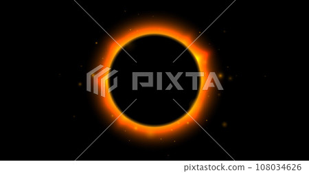 Sun full eclipse concept. Red orange solar glow background. Moon or planet total eclipse in dark space. Hot star surface flare with rays and beams effects. Vector illustration Sun full eclipse concept. Red orange solar glow background. Moon or planet total eclipse in dark space. Hot star surface flare with rays and beams effects. Vector illustration 108034626