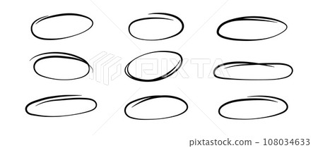 Smooth highlight circles set. Doodle and scribble ellipses collection. Black hand drawn ovals or bubbles for emphasis. Sketchy round elements for collage, poster, banner, cover. Vector pack 108034633