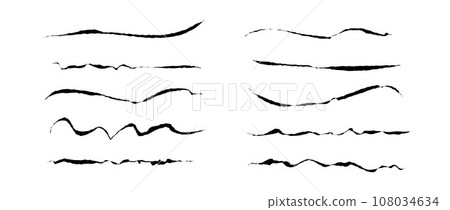 Rough ink lines set. Grunge wavy brush strokes collection. Black uneven underline textured curved waves. Hand drawn imitation elements for banner, banner, decoration. Vector doodle jagged wiggles 108034634
