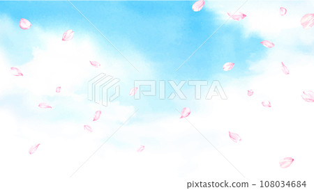 櫻花花瓣在藍天上翩翩起舞的水彩插圖 108034684