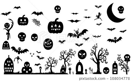 Collection of Happy Halloween silhouettes, pumpkin, bat, trees 108034778