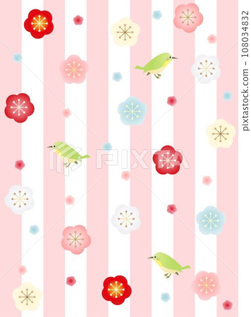 可愛的復古壁紙，有李子、鳥類和條紋-垂直版 108034832