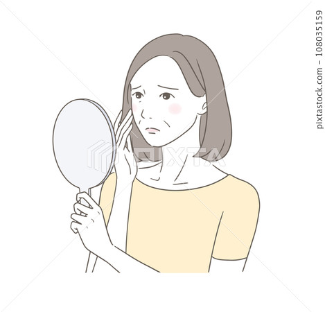 A middle-aged woman who looks in the mirror and worries about her aging skin A middle-aged woman who looks in the mirror and worries about her aging skin 108035159