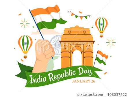 Happy India Republic Day Vector Illustration on 26 January with Indian Flag and Gate in Holiday National Celebration Flat Cartoon Background Design 108037222