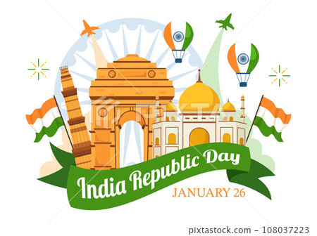 Happy India Republic Day Vector Illustration on 26 January with Indian Flag and Gate in Holiday National Celebration Flat Cartoon Background Design 108037223