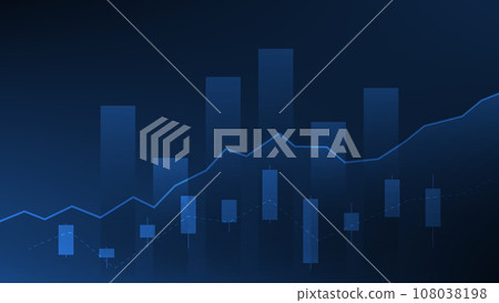 Financial business statistics with bar graph and candlestick chart show stock market price on dark blue background 108038198
