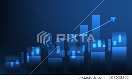 Financial business statistics with bar graph and candlestick chart show stock market price on dark blue background 108038202