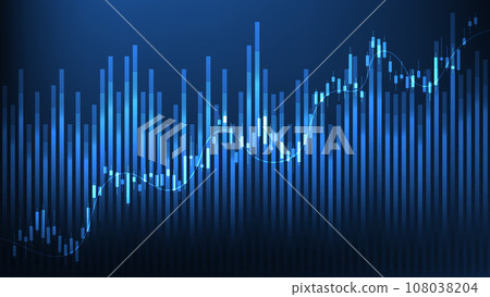 Financial business statistics with bar graph and candlestick chart show stock market price on dark blue background 108038204