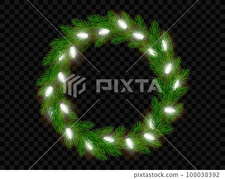 Christmas wreath of realistic fir tree branches with electric garland on black transparent background. Frame of spruce branches with garland of white light bulbs for New Year greeting cards, banners Christmas wreath of realistic fir tree branches with electric garland on black transparent background. Frame of spruce branches with garland of white light bulbs for New Year greeting cards, banners 108038392