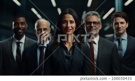 Portrait of successful group of business young people working together in office. Portrait of happy businessmen and businesswomen standing as a team of multiethnic group of people. AI generate 108038433