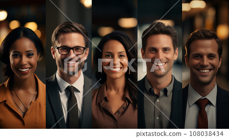 Collage of portraits of ethnically diverse and mixed age group of focused business professionals. Happy Business worker in office with colleagues. Manager smiling together with colleagues. AI generate 108038434