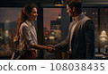 Office woman happy about a job promotion handshaking her boss in an office. Ai generate. 108038435