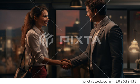 Office woman happy about a job promotion handshaking her boss in an office. Ai generate. 108038435