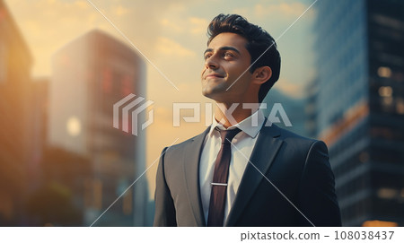 Eastern indian business man standing in city looking and dreaming. AI generate. 108038437
