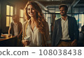 Young happy Business worker in office. Stylish manager smiling woman executive manager, secretary offering professional business service sitting at office desk together with colleagues. AI generate 108038438