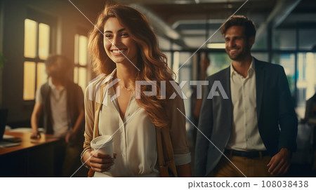 Young happy Business worker in office. Stylish manager smiling woman executive manager, secretary offering professional business service sitting at office desk together with colleagues. AI generate 108038438