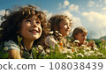 Happy boys and girls lying on the field. Group of happy children playing outdoors. AI generate. 108038439