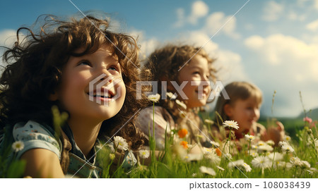 Happy boys and girls lying on the field. Group of happy children playing outdoors. AI generate. Happy boys and girls lying on the field. Group of happy children playing outdoors. AI generate. 108038439
