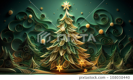 Paper cut of a fantasy christmas tree. AI generate. 108038440