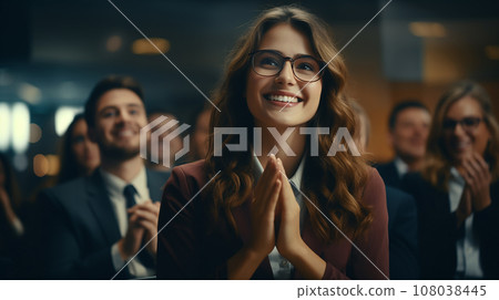 Portrait of successful group of business young people working together in office. Portrait of happy businessmen and businesswomen standing as a team of multiethnic group of people. AI generate 108038445