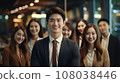 Portrait of successful group of business young people working together in office. Portrait of happy businessmen and businesswomen standing as a team of multiethnic group of people. AI generate 108038446