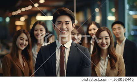 Portrait of successful group of business young people working together in office. Portrait of happy businessmen and businesswomen standing as a team of multiethnic group of people. AI generate Portrait of successful group of business young people working together in office. Portrait of happy businessmen and businesswomen standing as a team of multiethnic group of people. AI generate 108038446