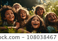Happy boys and girls lying on the field. Group of happy children playing outdoors lying on green grass little girl and boy playing outdoors. Best friends, happy family. AI generate. 108038467