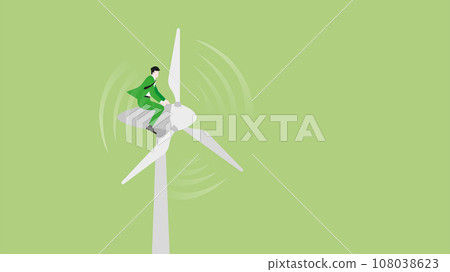 Green energy concept. A businessman ride on a wind turbine generator power windmill. Green energy concept. A businessman ride on a wind turbine generator power windmill. 108038623