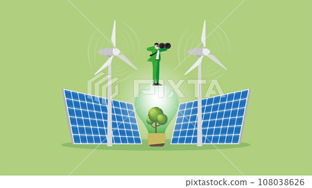 Vision businessman uses binoculars on a tree light bulb, wind turbine generator power, and solar cells panel. Vision businessman uses binoculars on a tree light bulb, wind turbine generator power, and solar cells panel. 108038626