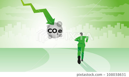 A back view of a businessman runs aim to target goal. CO2e graph down. A back view of a businessman runs aim to target goal. CO2e graph down. 108038631