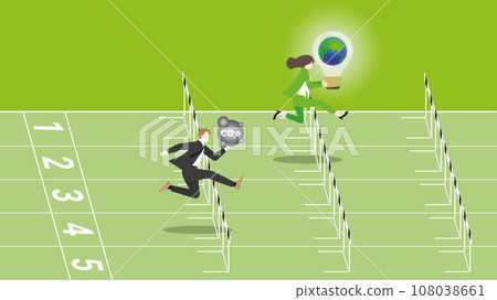 Businesswoman holds the world light bulb, runs and jumps over obstacles on a racetrack. 108038661