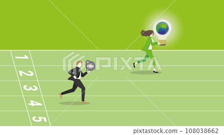 A businesswoman runs and holds the world light bulb on race track. 108038662
