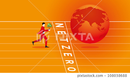 A man brings a tree to the red earth on racetrack with Net zero finish line. A man brings a tree to the red earth on racetrack with Net zero finish line. 108038688