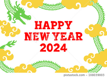 Green dragon and gold cloud frame and HAPPY NEW YEAR 2024 text 108039003