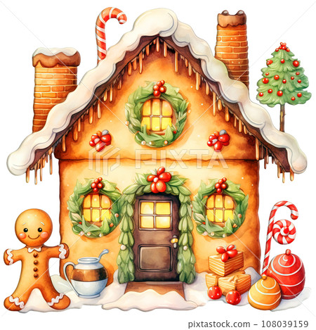 Christmas Holiday Cookie, Gingerbread Christmas House Cookies isolated on Transparent Background 108039159