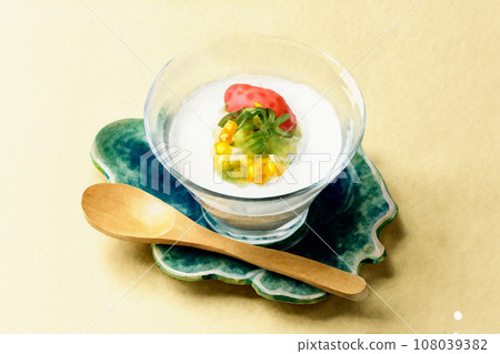 Almond tofu topped with fruit/watercolor painting 108039382