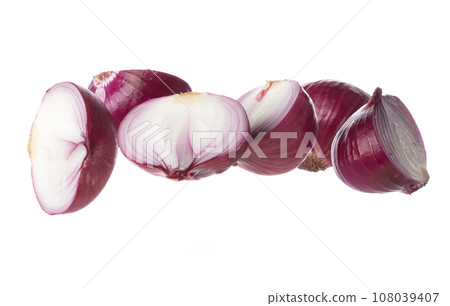 Shallots fall fly in mid air, red fresh vegetable spice shallots onion floating. Organic fresh herbal shallots root head cut chop slice. White background isolated freeze motion high speed shutter Shallots fall fly in mid air, red fresh vegetable spice shallots onion floating. Organic fresh herbal shallots root head cut chop slice. White background isolated freeze motion high speed shutter 108039407