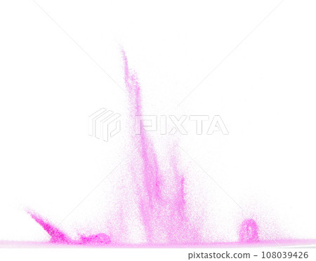 Small size purple Sand flying explosion, violet sands grain wave explode. Abstract cloud fly. purple colored sand splash throwing in Air. White background Isolated high speed shutter, throwing freeze 108039426