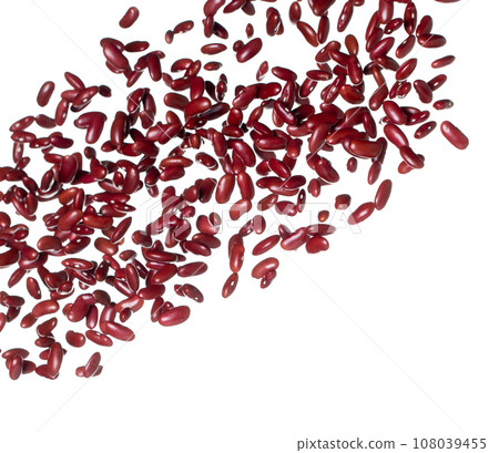 Red Bean flying explosion, red grain beans explode abstract cloud fly. Beautiful complete seed pea bean splash in air, food object design. Selective focus freeze shot white background isolated Red Bean flying explosion, red grain beans explode abstract cloud fly. Beautiful complete seed pea bean splash in air, food object design. Selective focus freeze shot white background isolated 108039455