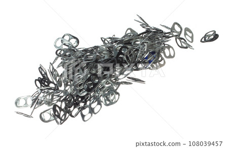 Can Caps fly in mid air, aluminium canned cap falling scatter, recycle from trash can cap explosion float. White background isolated freeze motion high speed shutter Can Caps fly in mid air, aluminium canned cap falling scatter, recycle from trash can cap explosion float. White background isolated freeze motion high speed shutter 108039457
