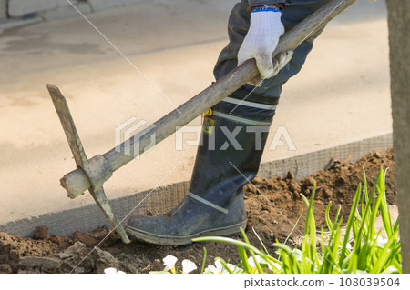 Workers digging trenches with pickaxes 108039504