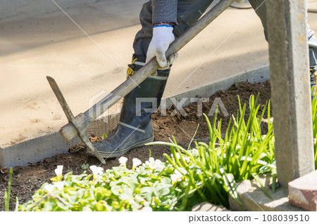 Workers digging trenches with pickaxes 108039510