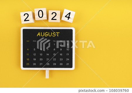 Calendar for August 2024 in black chalkboard with copy space. Calendar for August 2024 in black chalkboard with copy space. 108039760