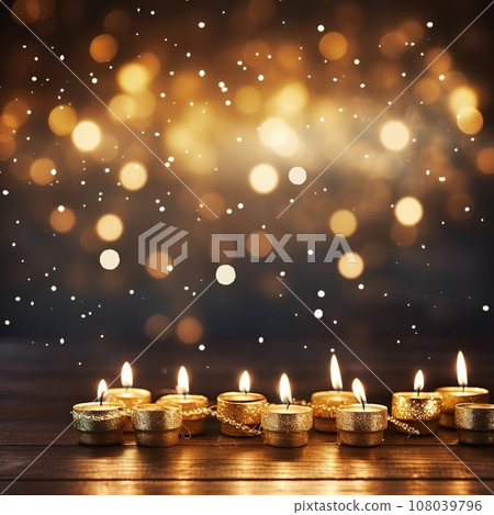 Festive Hanukkah background with traditional Hanukkah menorah, candles, dreidels, and copy space for your text. Perfect for Hanukkah greeting cards, invitations, and other holiday designs. 108039796