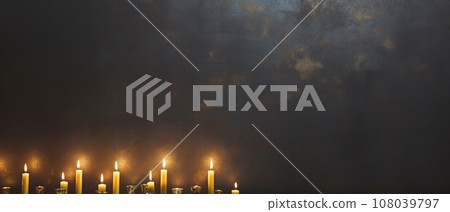 Festive Hanukkah background with traditional Hanukkah menorah, candles, dreidels, and copy space for your text. Perfect for Hanukkah greeting cards, invitations, and other holiday designs. Festive Hanukkah background with traditional Hanukkah menorah, candles, dreidels, and copy space for your text. Perfect for Hanukkah greeting cards, invitations, and other holiday designs. 108039797