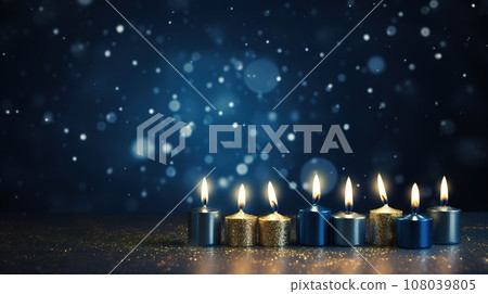 Festive Hanukkah background with traditional Hanukkah menorah, candles, dreidels, and copy space for your text. Perfect for Hanukkah greeting cards, invitations, and other holiday designs. Festive Hanukkah background with traditional Hanukkah menorah, candles, dreidels, and copy space for your text. Perfect for Hanukkah greeting cards, invitations, and other holiday designs. 108039805