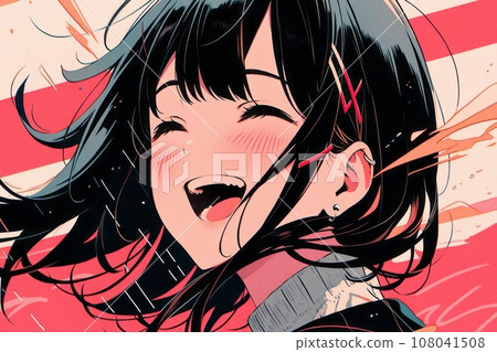 充滿你心的微笑：動畫風格的插圖，一個可愛的女孩，閃耀著發自內心的興奮和微笑 AI 圖像 6 108041508