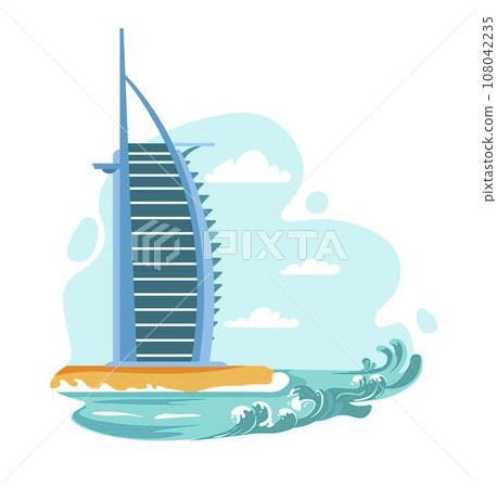Dubai skyscraper on shore with sea waves vector 108042235
